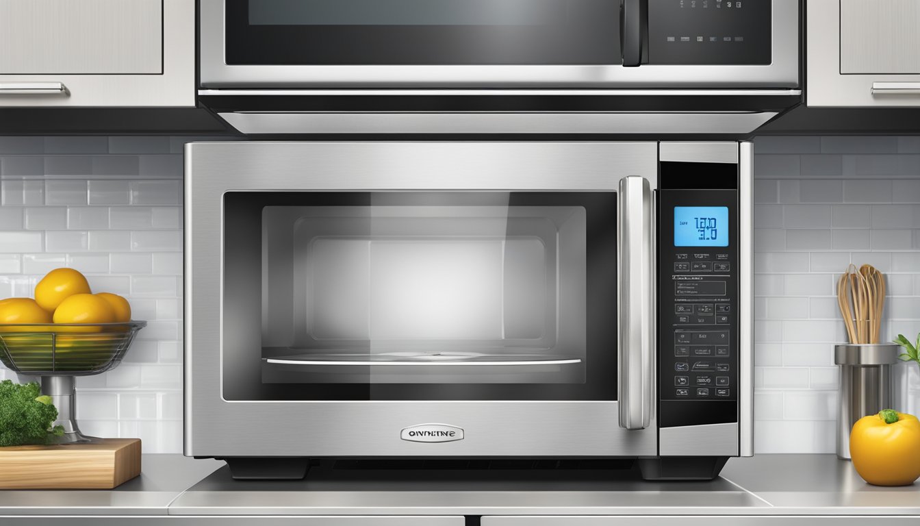 A convection microwave oven with digital display and glass turntable sits on a kitchen countertop, surrounded by stainless steel appliances and a tiled backsplash