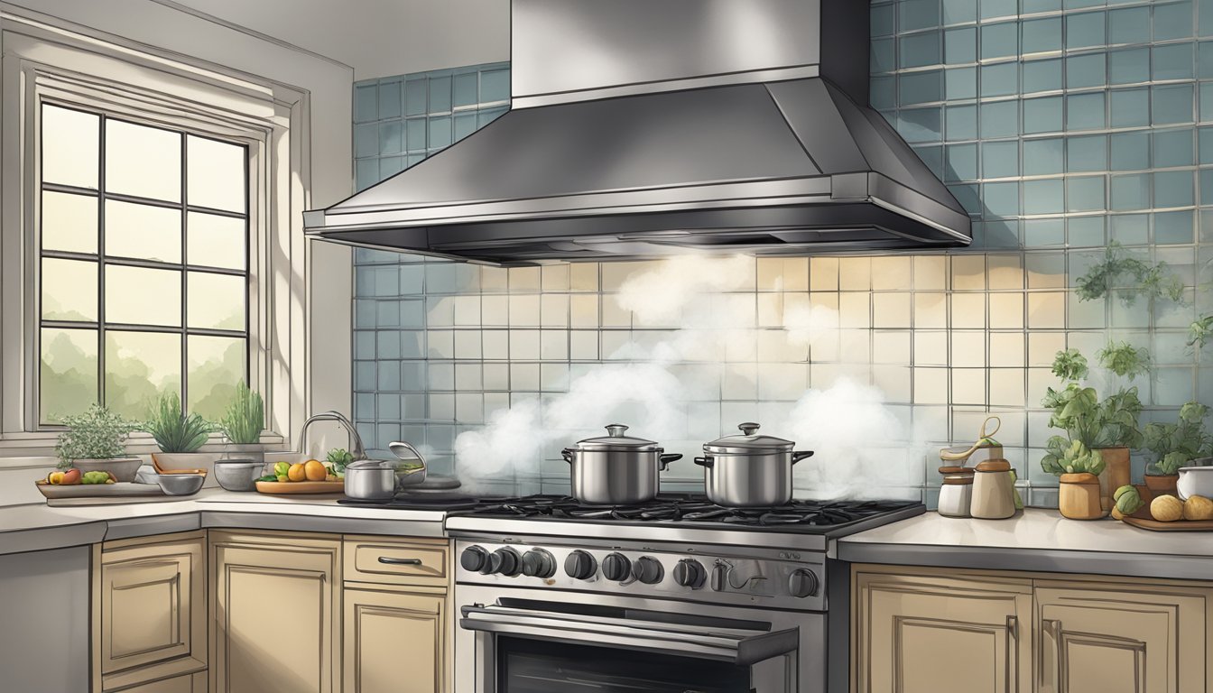 A kitchen hood mounted above a stove, with steam and smoke being drawn up and away from the cooking area