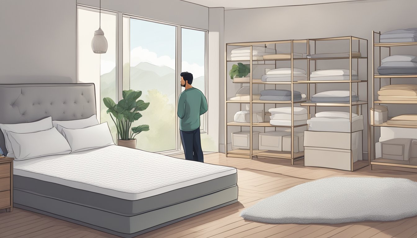 A person stands in a spacious bedroom, contemplating a foam mattress. They are surrounded by various mattress options and are carefully considering their choices