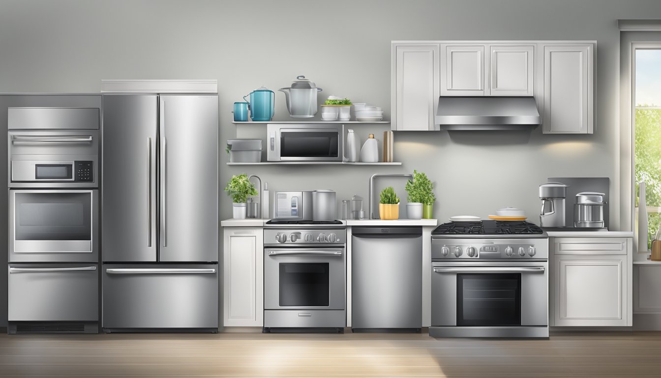 Various kitchen appliances neatly displayed on sale, including refrigerators, stoves, and dishwashers