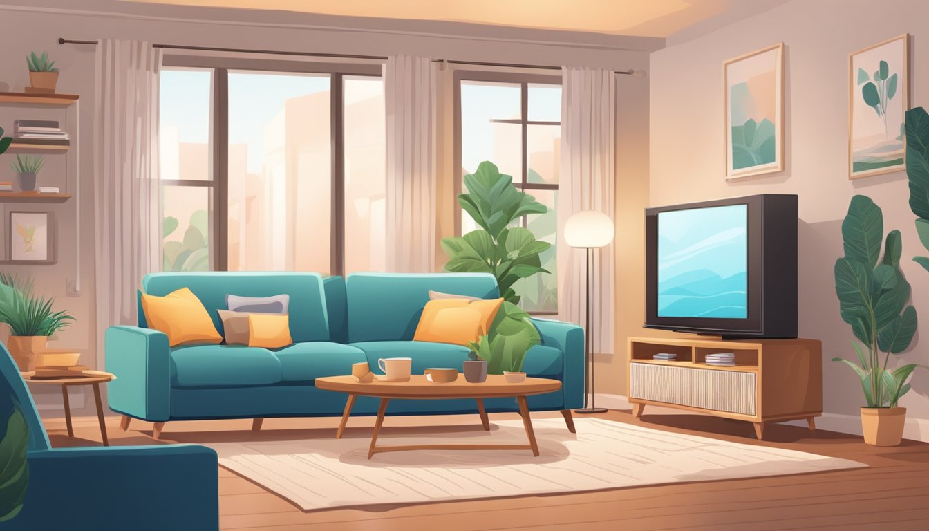 A cozy living room with various aircon models displayed. Bright lighting and a comfortable ambiance