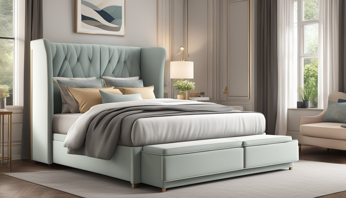 A luxurious divan bed with sleek storage compartments, adorned with elegant fabrics and plush pillows, creating a comfortable and stylish sleeping space