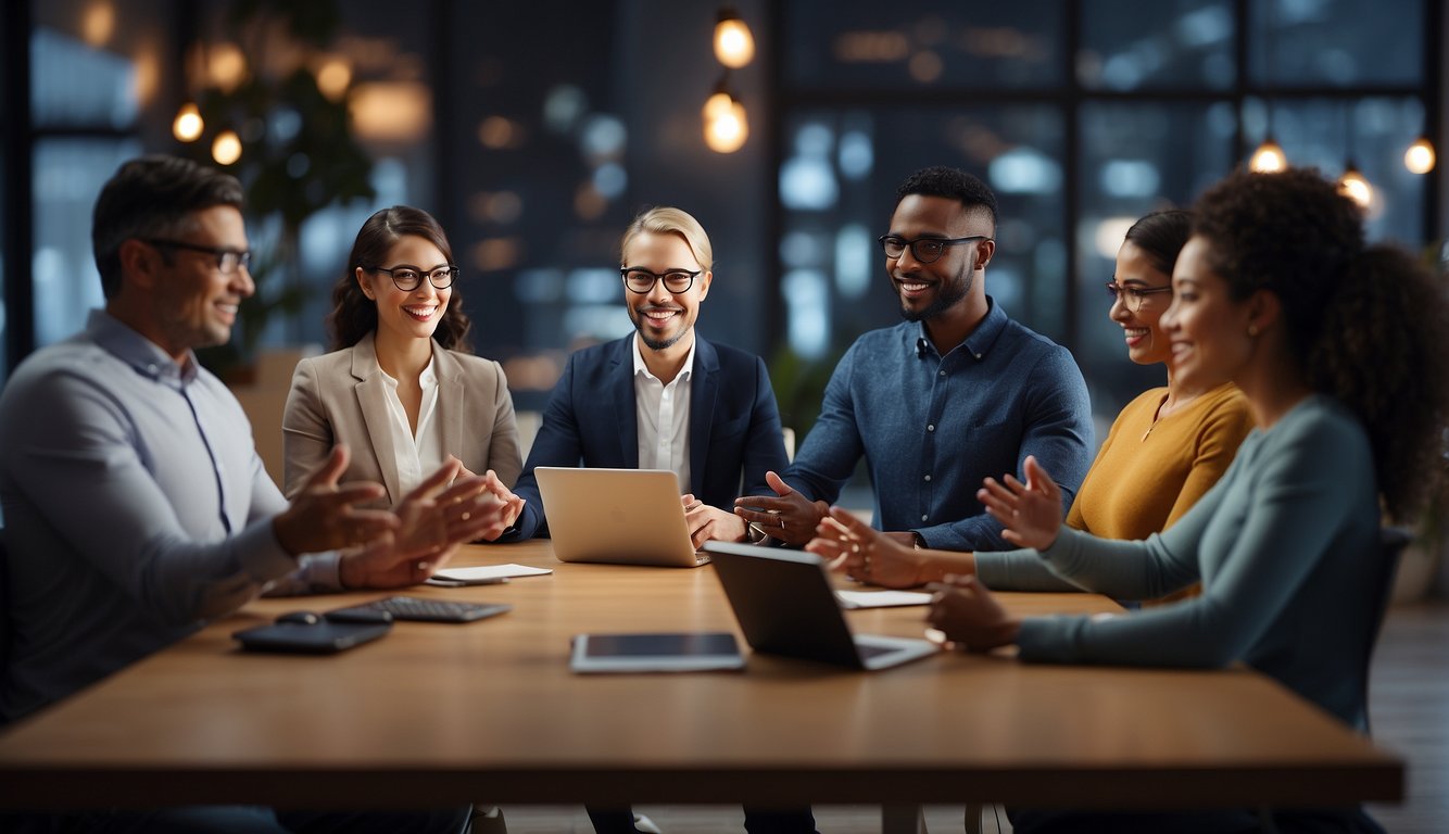 A diverse group of virtual avatars engage in a dynamic meeting, with various expressions and gestures indicating active participation and interaction