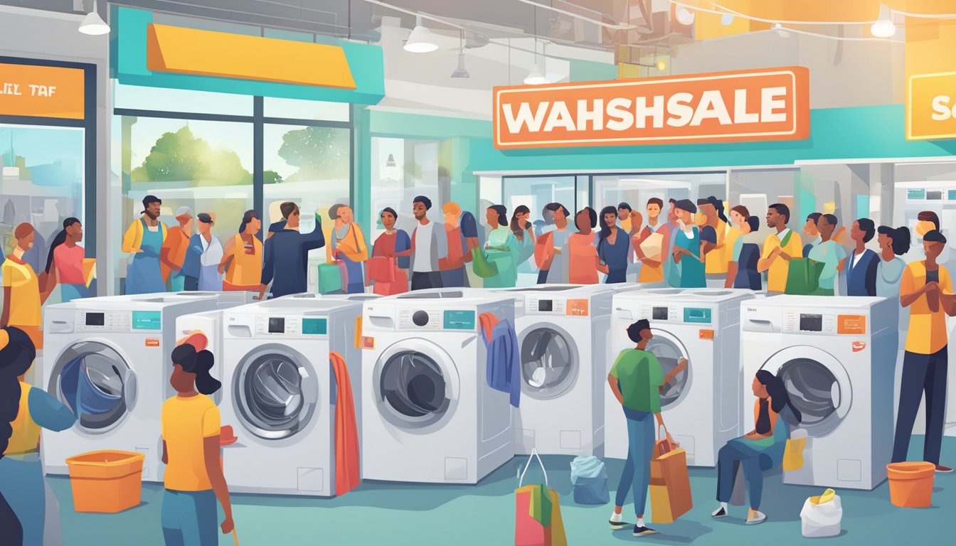 A crowd gathers around a display of washing machines, with bright sale signs and enthusiastic staff