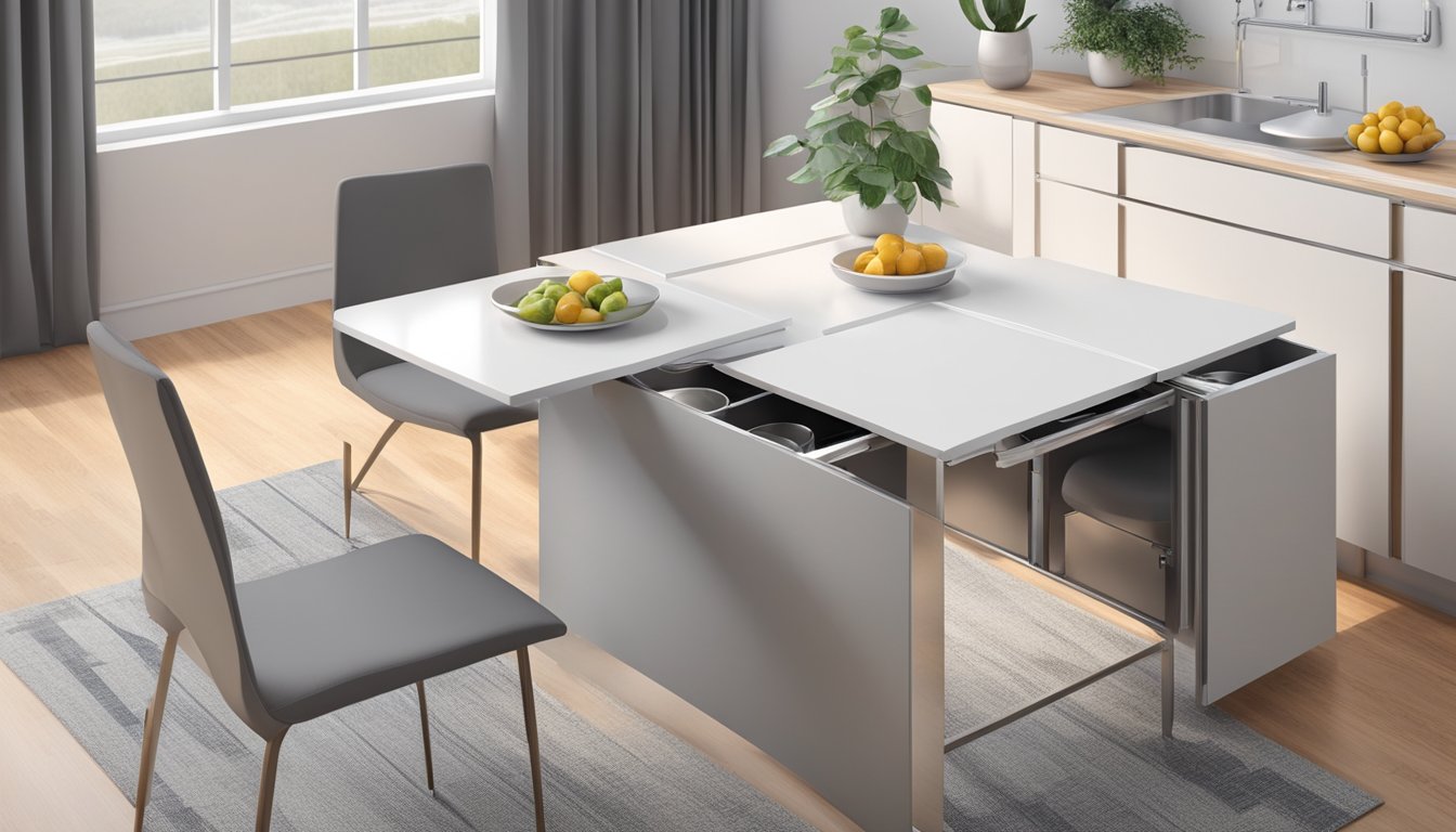 A compact dining table with foldable sides, sleek design, and integrated storage fits perfectly in a cozy, modern apartment