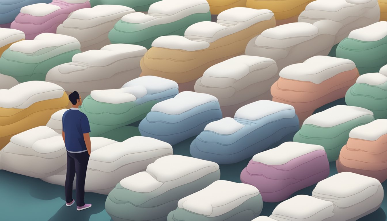 A person standing in front of a row of foam mattresses, looking contemplative with a question mark hovering above their head