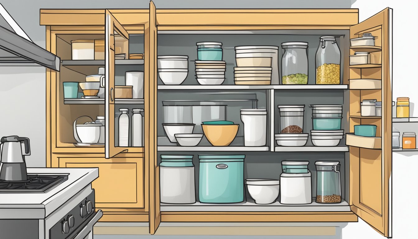 A kitchen cabinet with open doors and shelves displaying neatly organized items, accompanied by a list of frequently asked questions