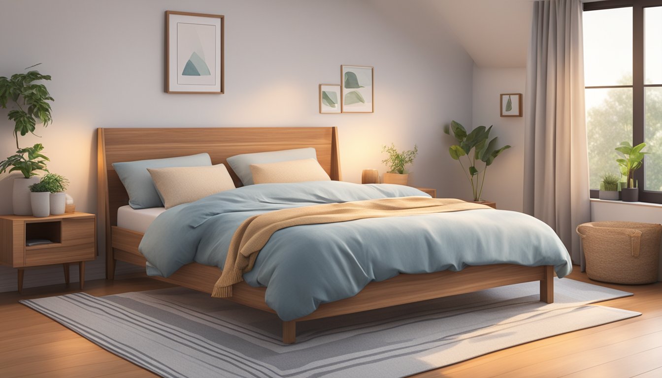 A simple wooden bed frame sits in the center of a cozy bedroom, with neatly tucked sheets and a plump pillow resting on top