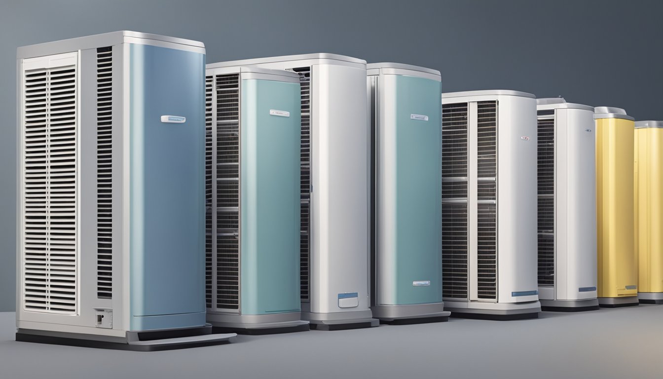 A group of air conditioners lined up, each with a different feature highlighted, while a person examines and compares them