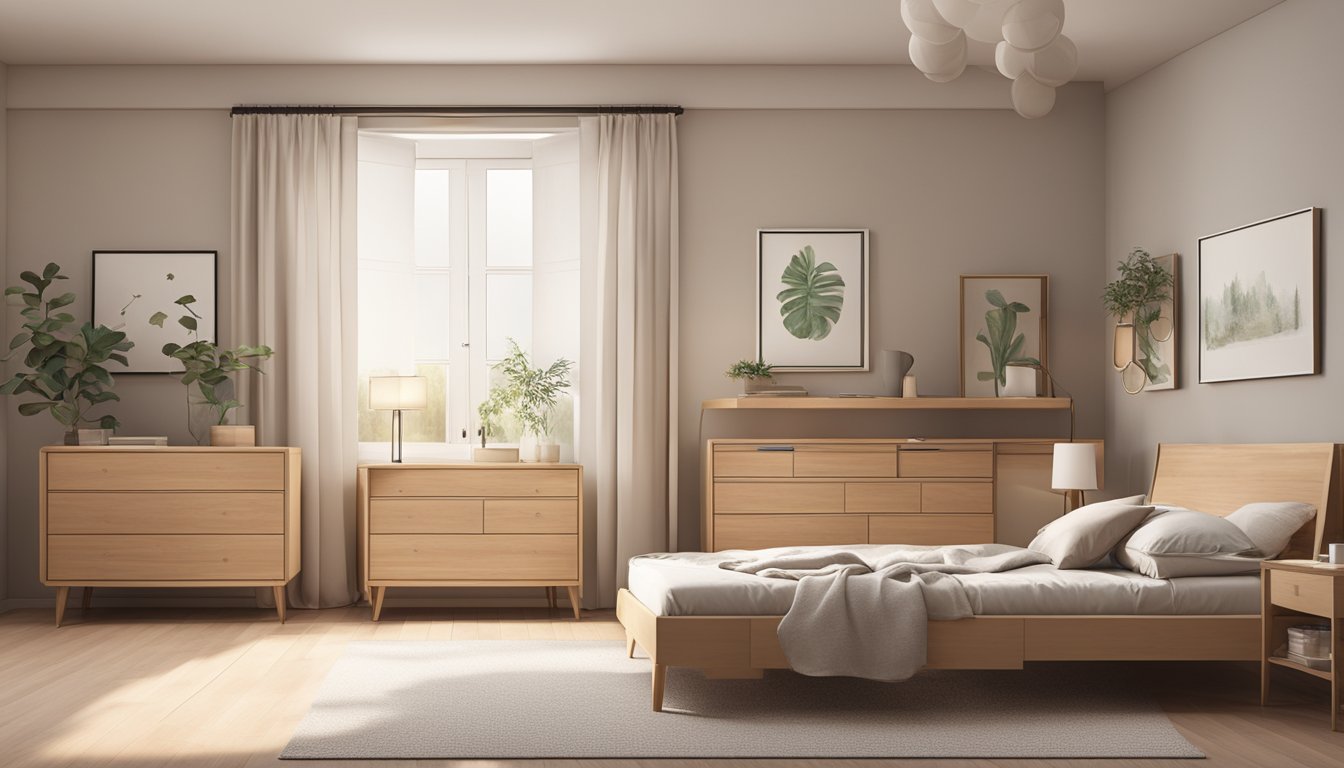 A bedroom with various bed frames of different styles and sizes, set against a neutral wall with soft lighting