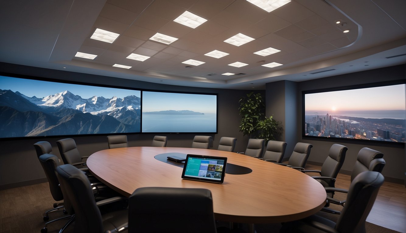 A virtual meeting room with clear audio and video, a central screen for presentations, and comfortable seating for all participants