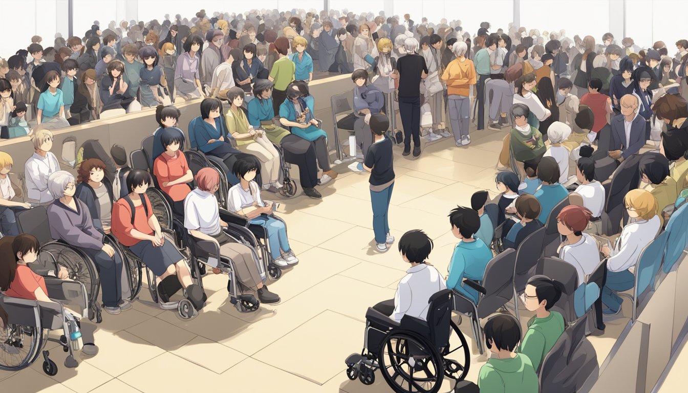 A diverse crowd gathers at an event venue, with wheelchair ramps and braille signage ensuring accessibility for all attendees. Sign language interpreters and inclusive seating arrangements accommodate diverse needs