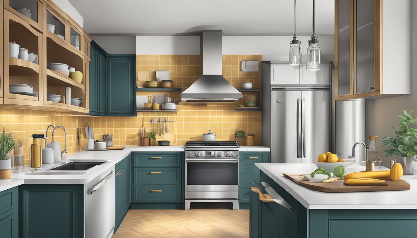 A kitchen with a modern hood above the stove, surrounded by cabinets and cooking utensils