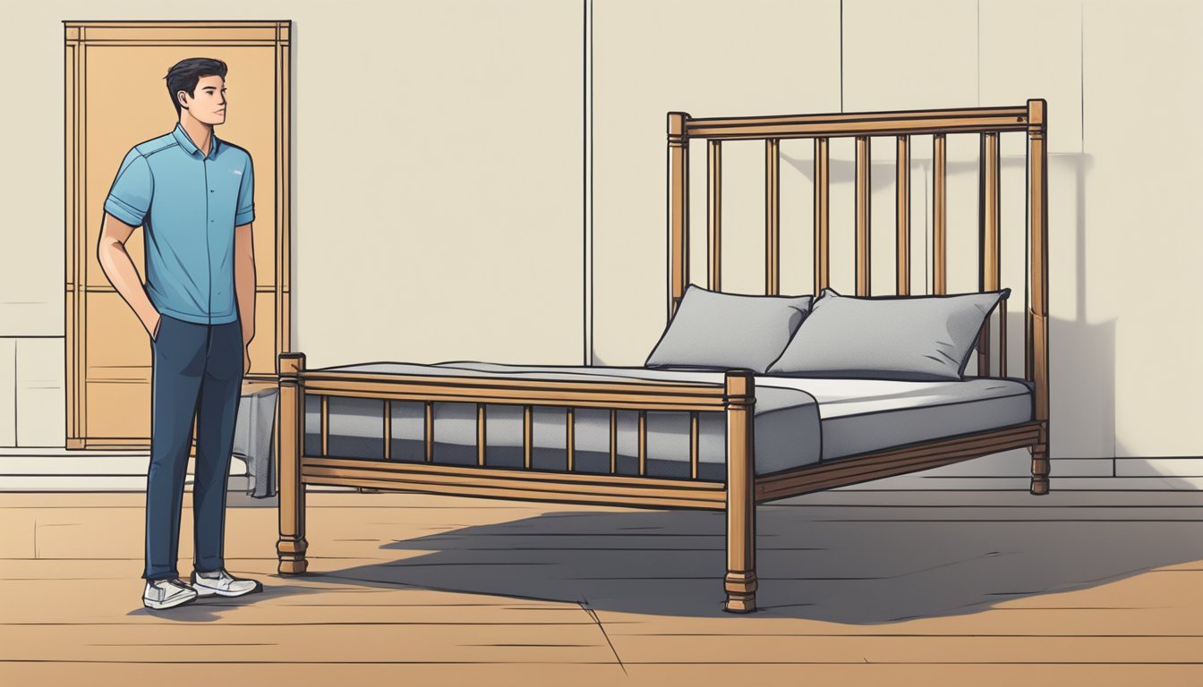 A person stands between a traditional wooden bed frame and a modern metal frame, appearing to weigh the options