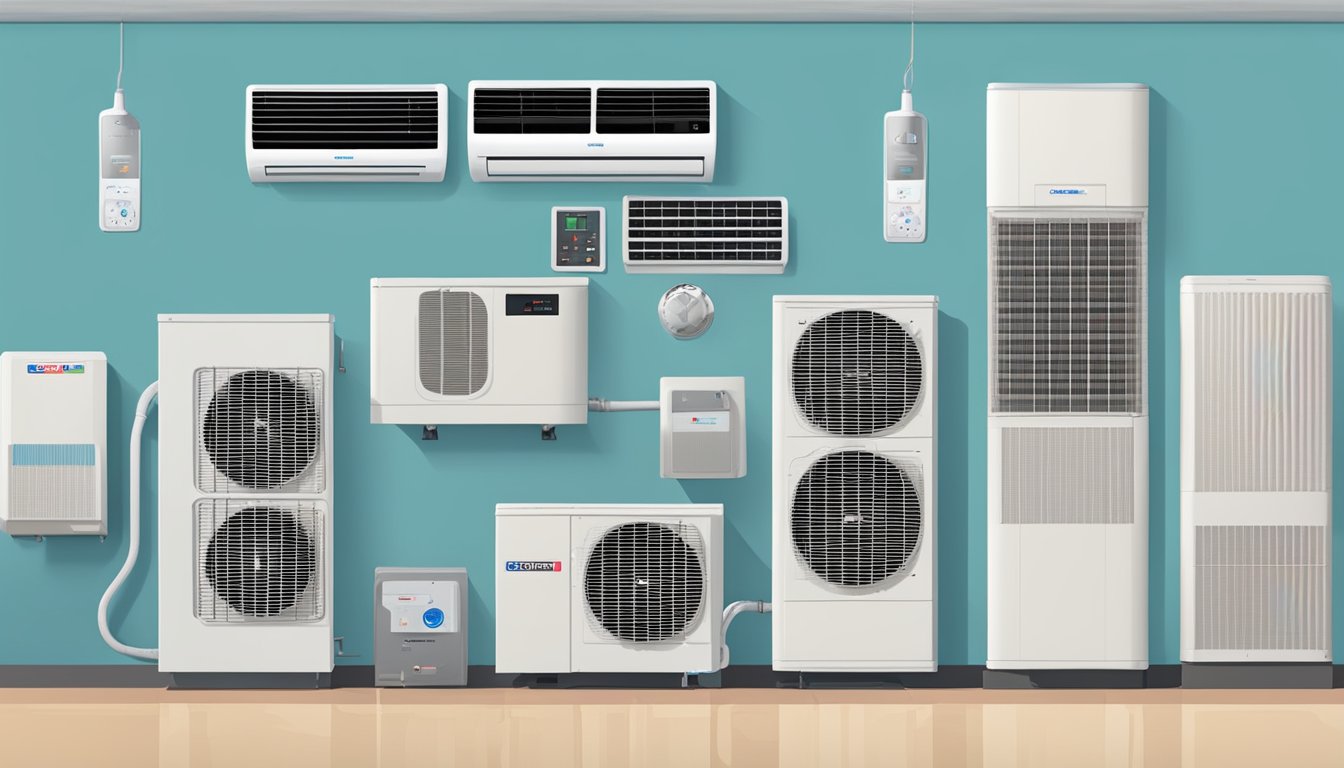 A display of various air conditioning units with labels "Frequently Asked Questions: Which aircon is the best?" prominently featured