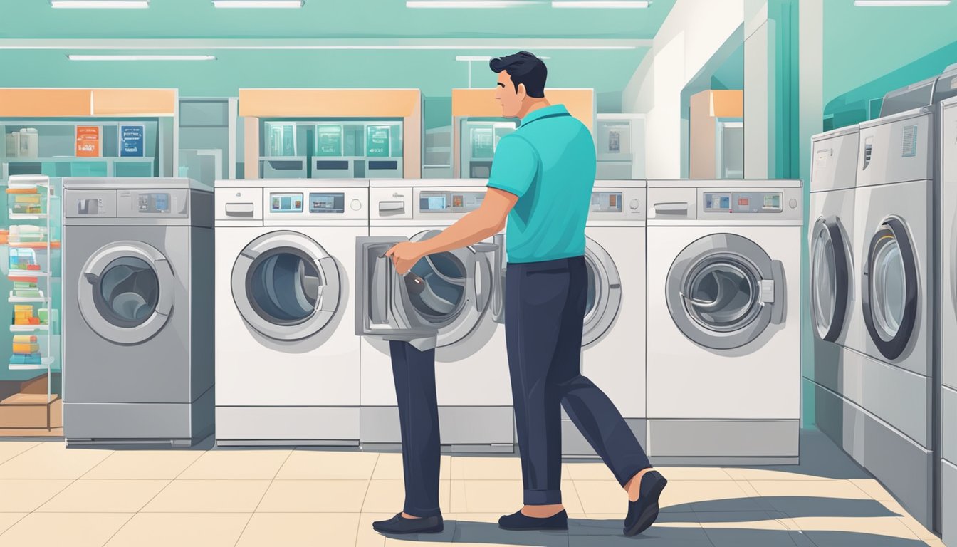 A customer browsing washing machines, salesperson assisting, FAQ sign displayed prominently