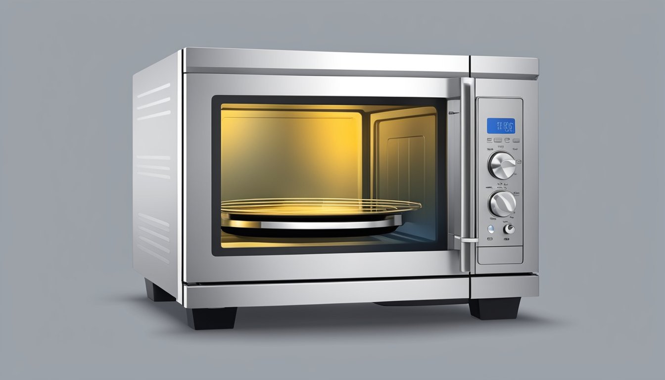 A convection microwave oven with a rotating turntable, digital control panel, and adjustable racks. Hot air circulates for even cooking