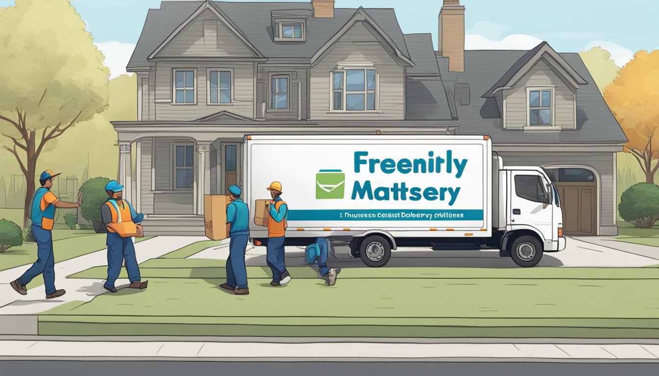 A delivery truck parked outside a house, with a mattress being unloaded by two workers. Text on the truck reads "Frequently Asked Questions mattress online free delivery."