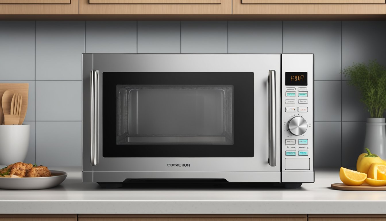 A convection microwave oven with a digital display, rotating glass plate, and adjustable temperature settings sits on a kitchen countertop