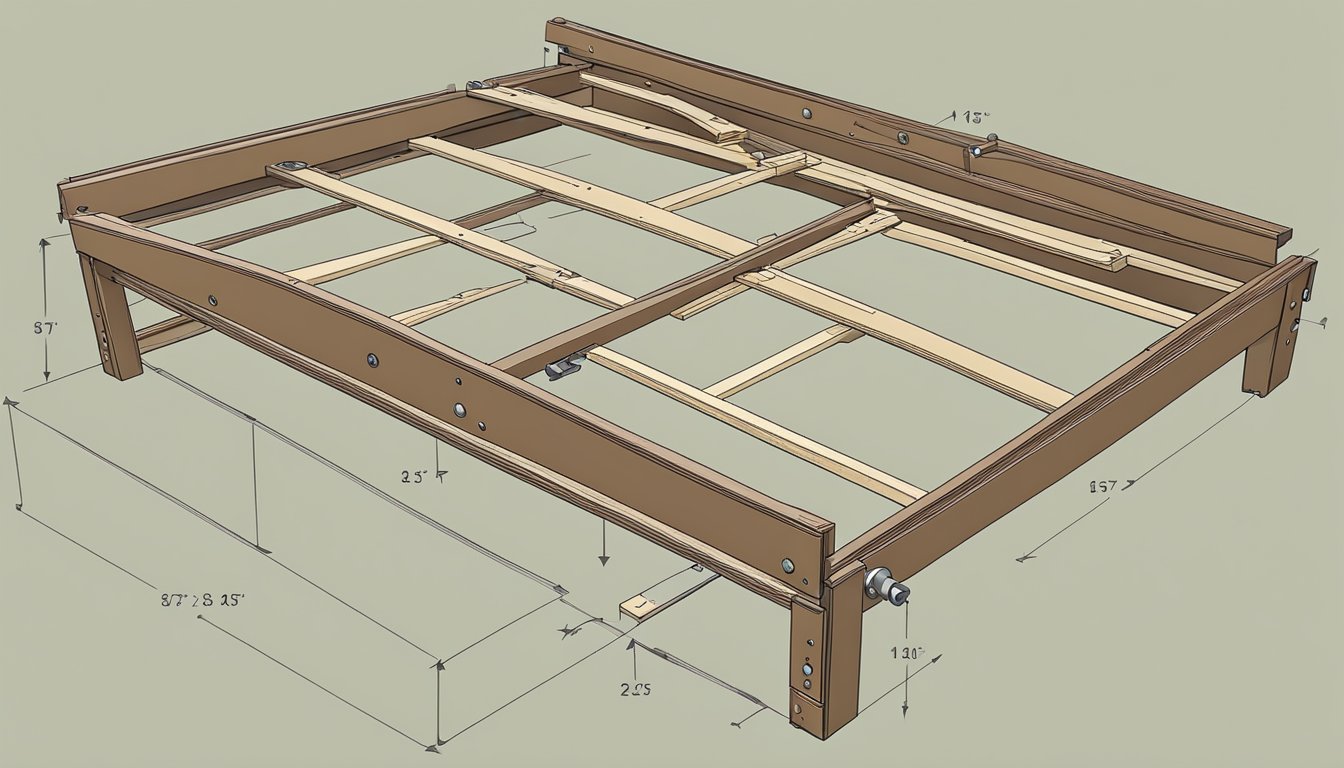 The old bed frame is being disassembled with tools, screws and bolts are being removed, and the pieces are being stacked for disposal