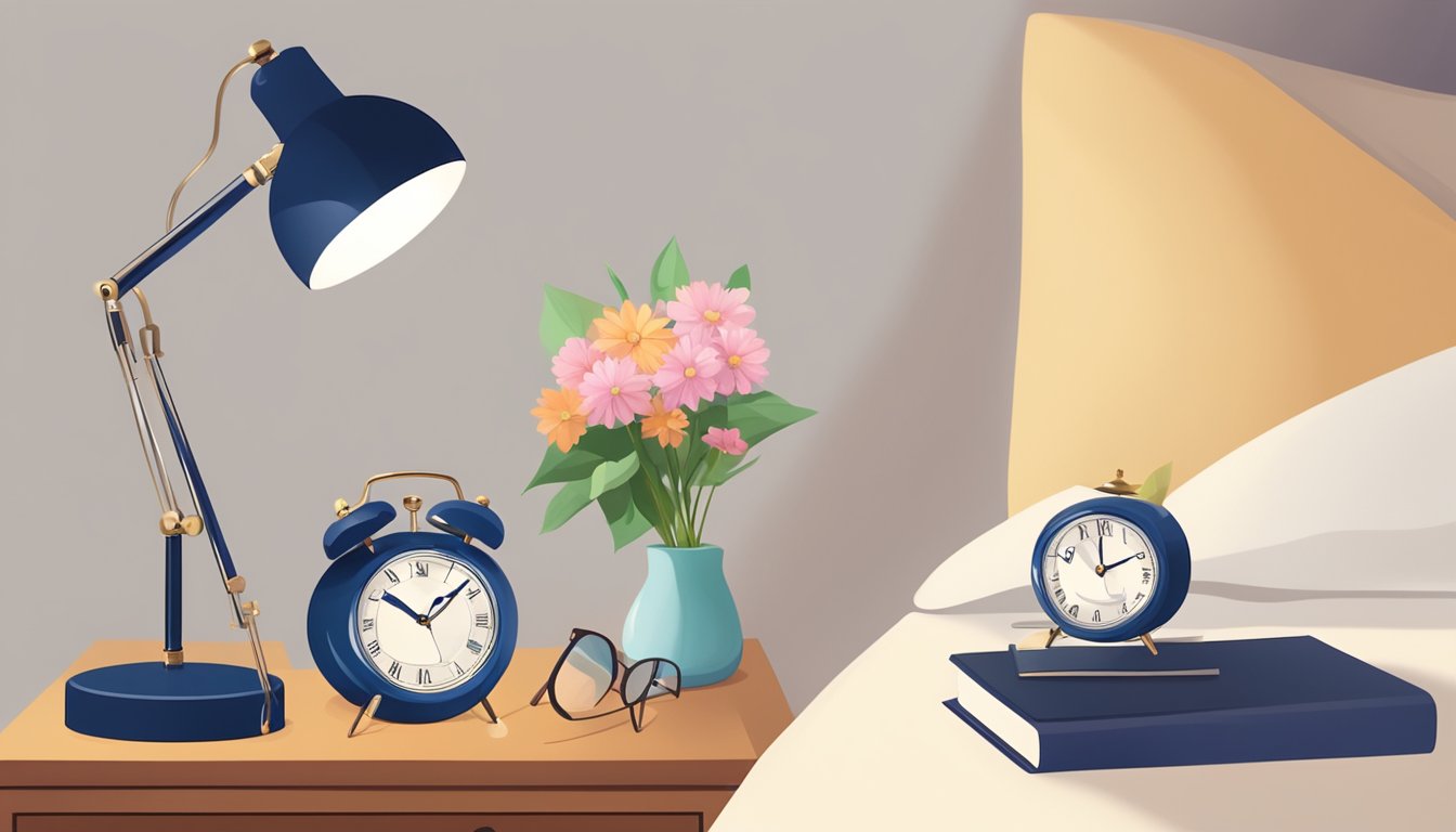 A lamp, alarm clock, and book rest on the bedside table. A pair of glasses and a small vase of flowers complete the scene