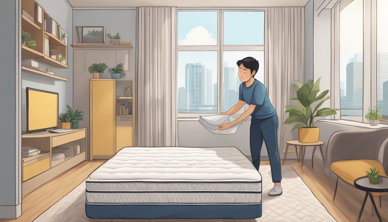 A person unfolds a mattress in a tidy Singaporean apartment