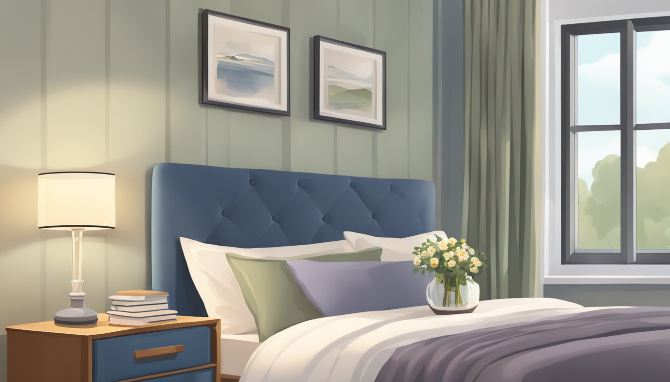 A cozy bedroom with a stylish bedside table holding a lamp, books, and a vase of flowers. The table complements the room's decor and provides convenient storage space