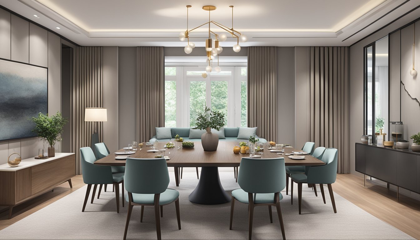 A spacious dining room with a modern 8-seater table set in Singapore, with elegant chairs and minimalistic decor