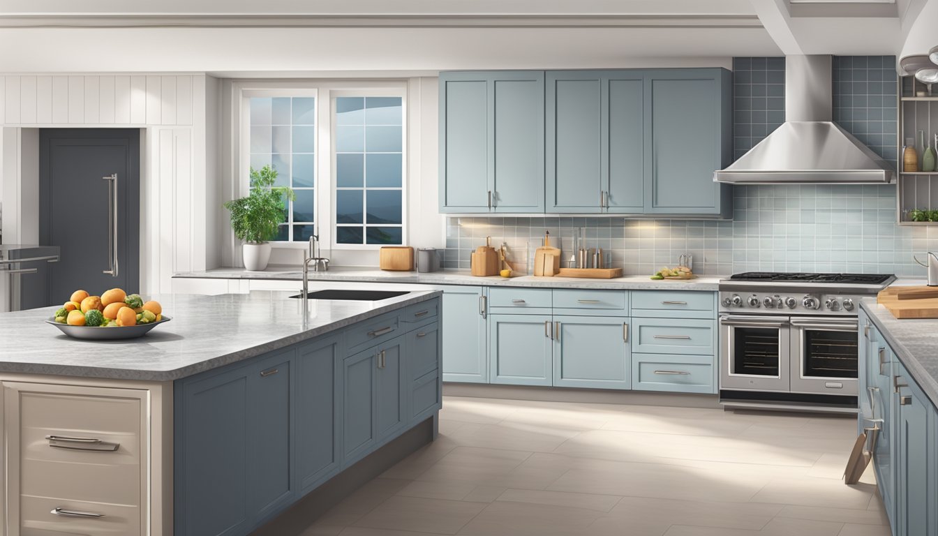 A stainless steel oven with digital display sits on a granite countertop, surrounded by sleek kitchen appliances and utensils