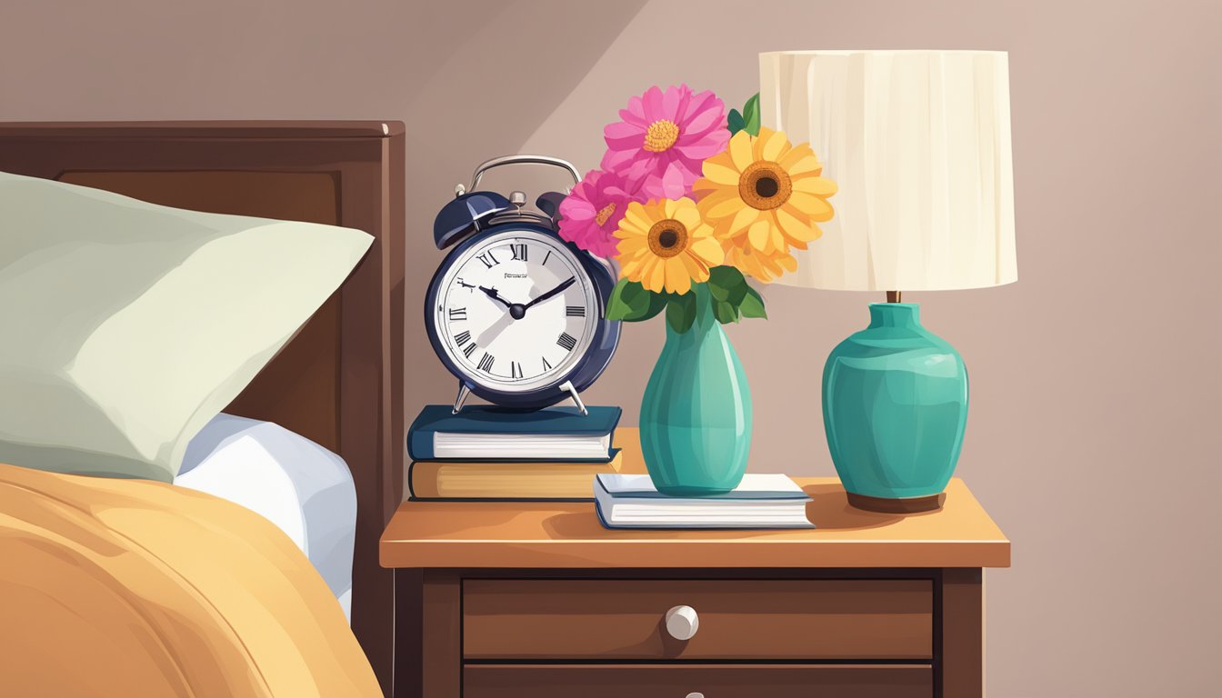 A lamp, alarm clock, and book on a wooden bedside table. A vase of flowers adds a pop of color