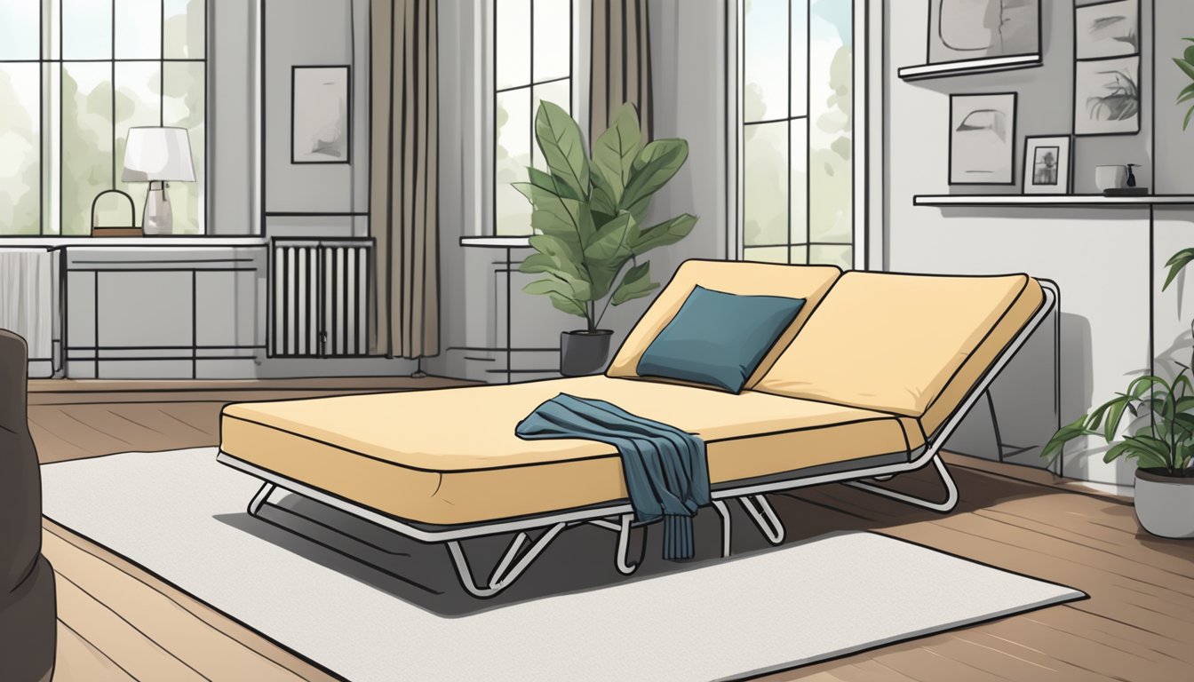 A folding mattress in a cozy living room, used as a guest bed or for lounging. It is compactly folded and easily stored when not in use