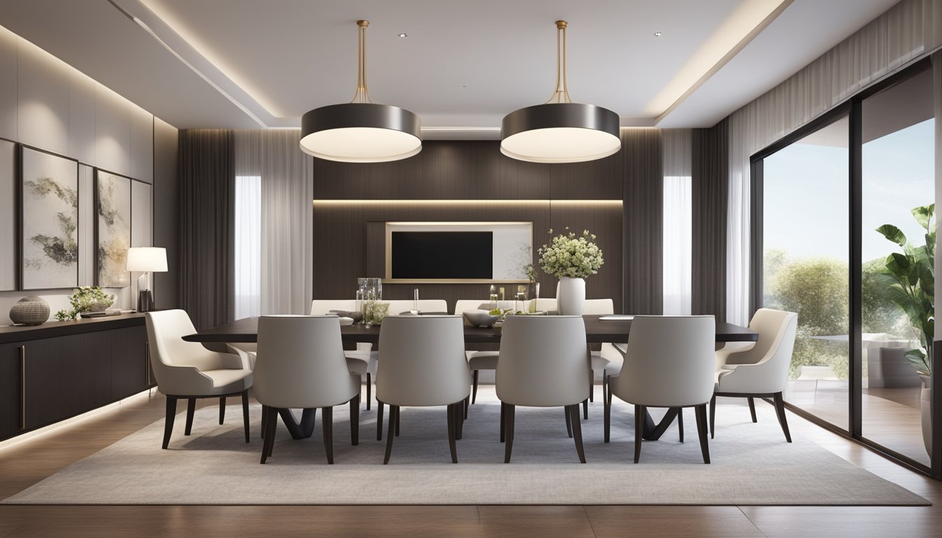A spacious dining area with a sleek, modern 8-seater table as the focal point. The table is surrounded by stylish chairs and is beautifully set with elegant tableware