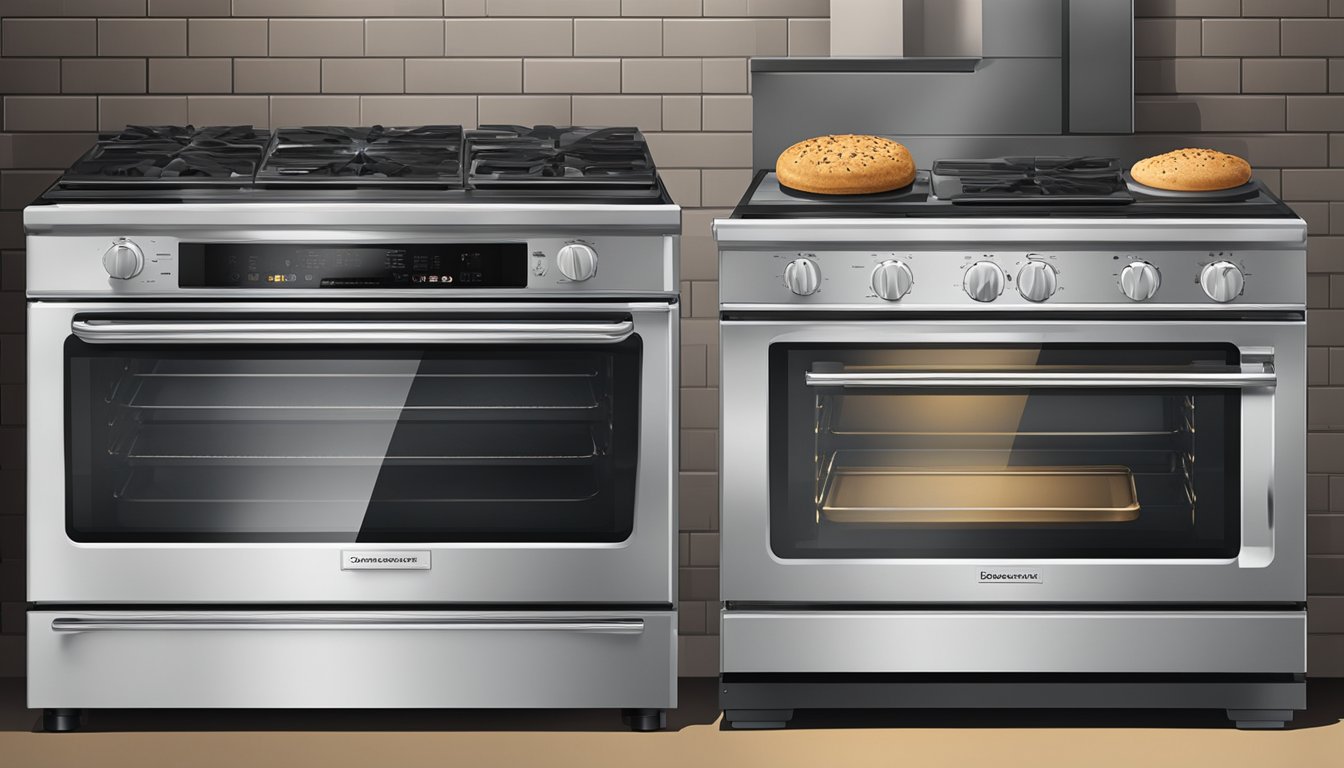 Various ovens on display, showcasing different types and features. Price tags visible