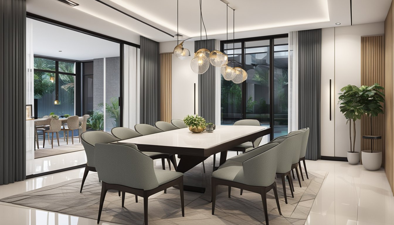 A modern, sleek 8-seater dining table in a stylish Singapore home, surrounded by contemporary chairs and complemented by practical decor