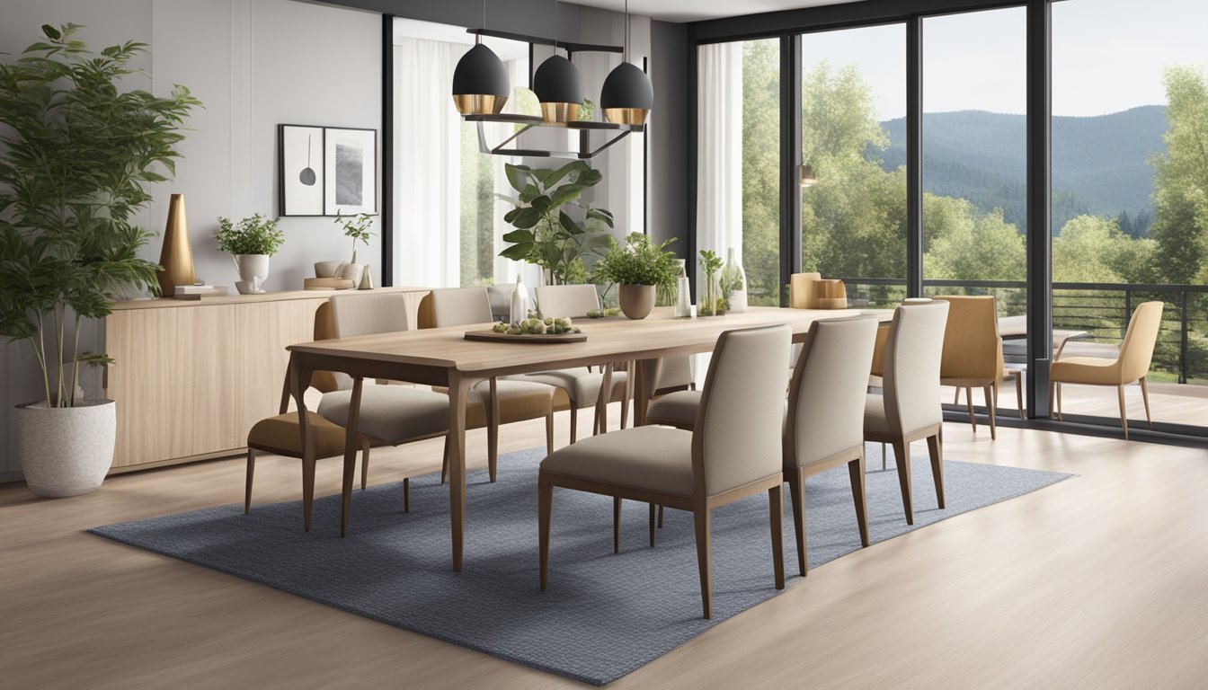 A modern 8-seater dining table set in a spacious and well-lit room with elegant decor and comfortable seating