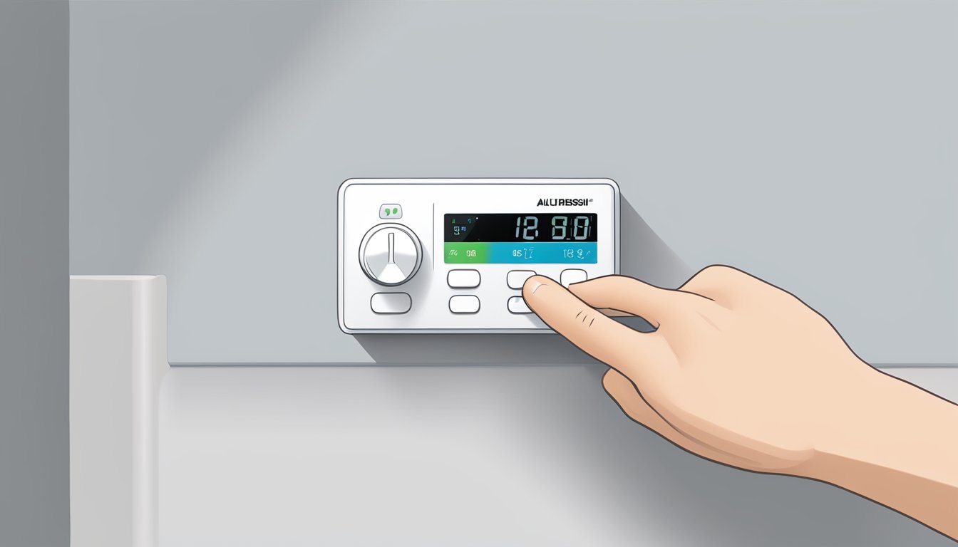 A hand holding a Mitsubishi Electric AC remote, adjusting settings on a wall-mounted unit. Icons for temperature, fan speed, and mode are visible on the remote