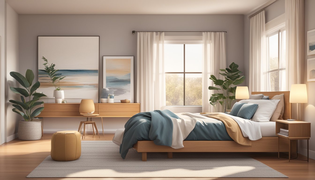 A spacious bedroom with a neatly made full-size bed, adorned with soft, inviting pillows and a cozy comforter. The room is well-lit, with warm, inviting colors and a sense of comfort and relaxation