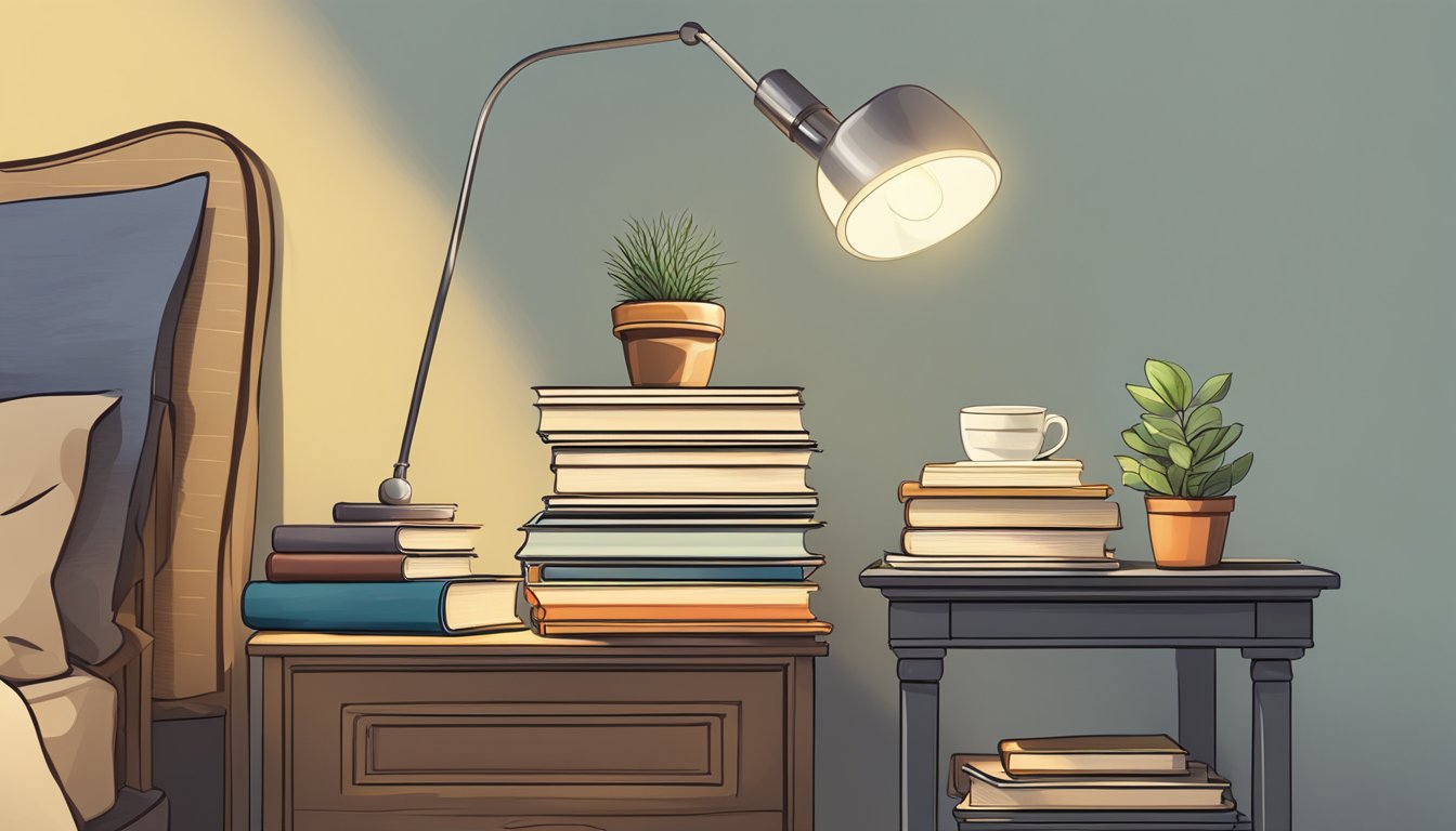 A bedside table with a stack of books, a reading lamp, and a small potted plant