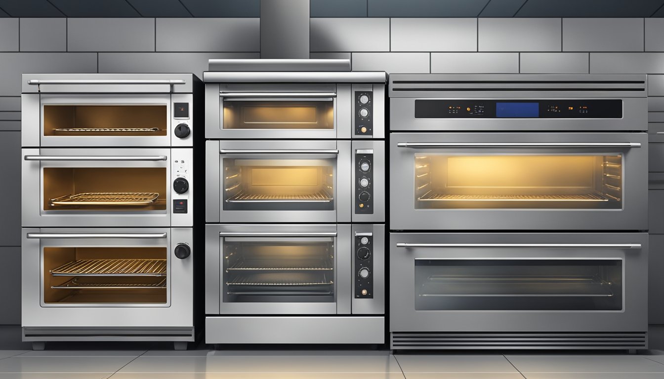 A variety of ovens in different sizes and styles, displayed in a showroom with price tags and specifications