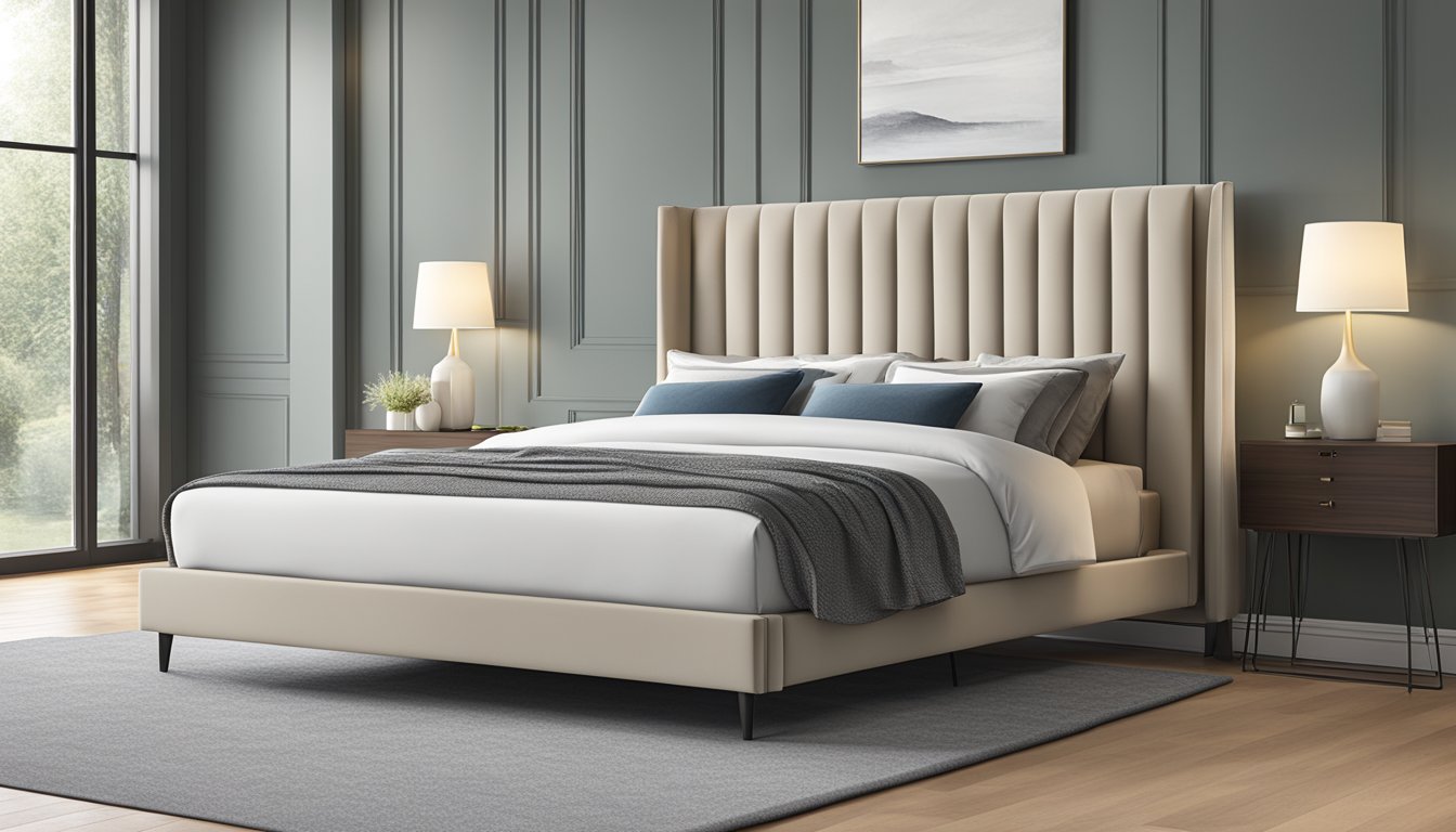 A fabric bed frame with a tall, padded headboard and sleek, minimalist design