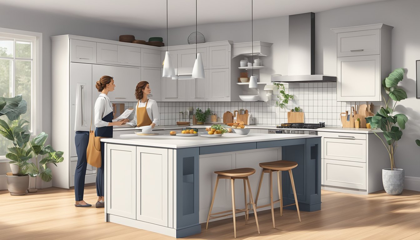 A modern kitchen with a sleek oven, surrounded by potential buyers reading a list of frequently asked questions about its price