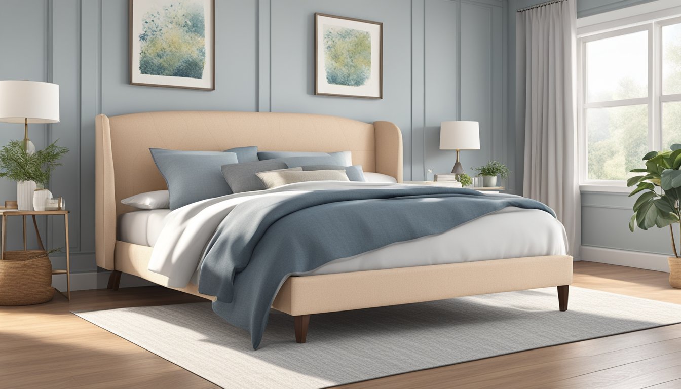 A fabric bed frame stands in a bright, airy room. The soft, textured fabric is neatly upholstered, and the frame is sturdy and stylish