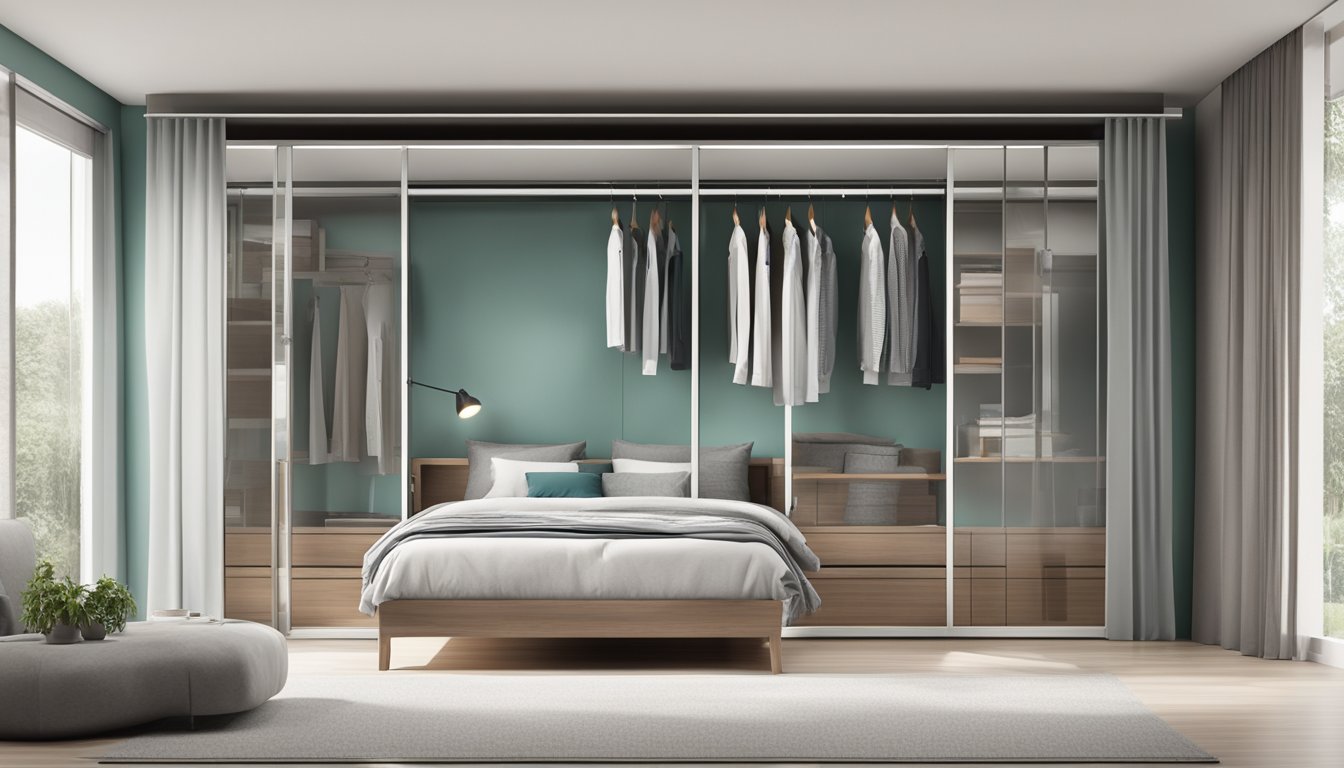 A sliding mirror wardrobe reflects a modern bedroom with a neatly organized interior