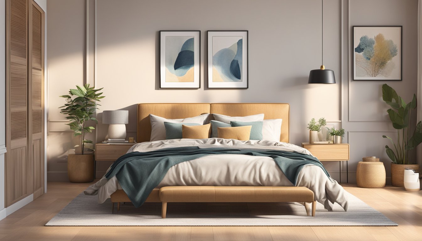 A fabric bed frame sits in a cozy bedroom, adorned with plush pillows and a soft throw blanket. The room is bathed in warm, natural light, creating a serene and inviting atmosphere