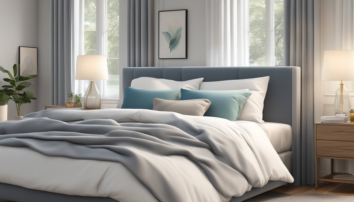 A king single bed size with a plush mattress, crisp white sheets, and a cozy duvet. Two fluffy pillows sit at the headboard, and a soft throw blanket is draped across the foot of the bed