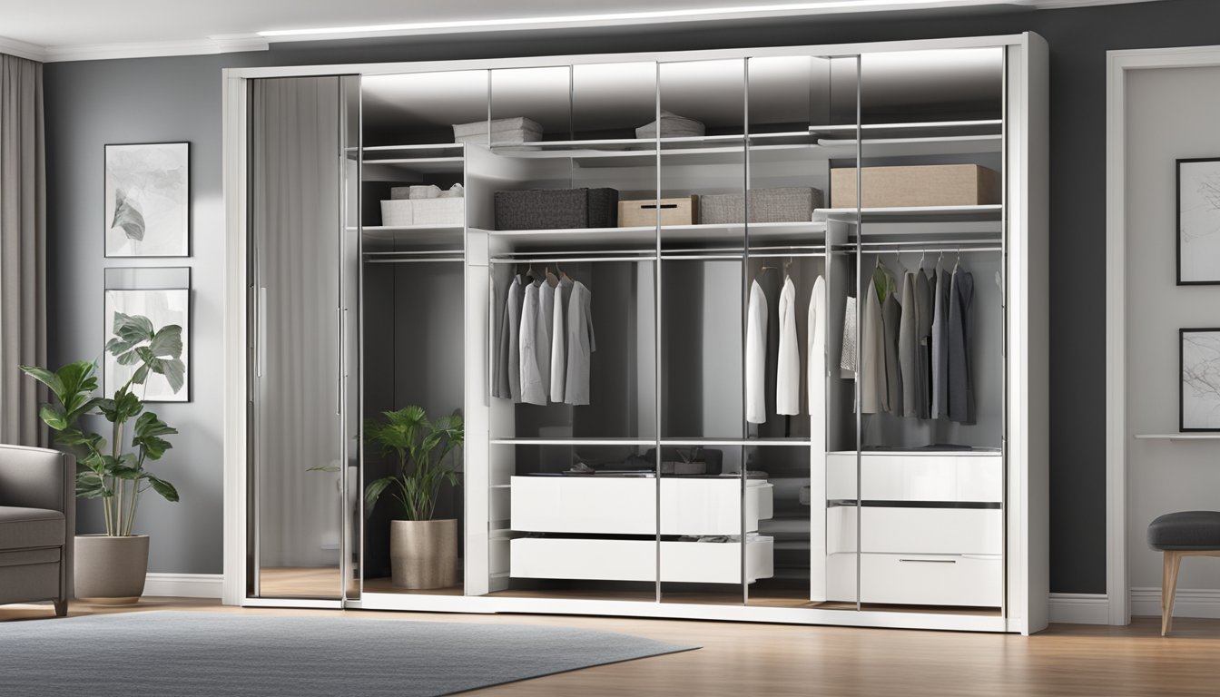 A sliding mirror wardrobe opens to reveal a spacious interior with hanging rods and shelves. The sleek design and functionality are highlighted by the smooth sliding motion of the mirrored doors