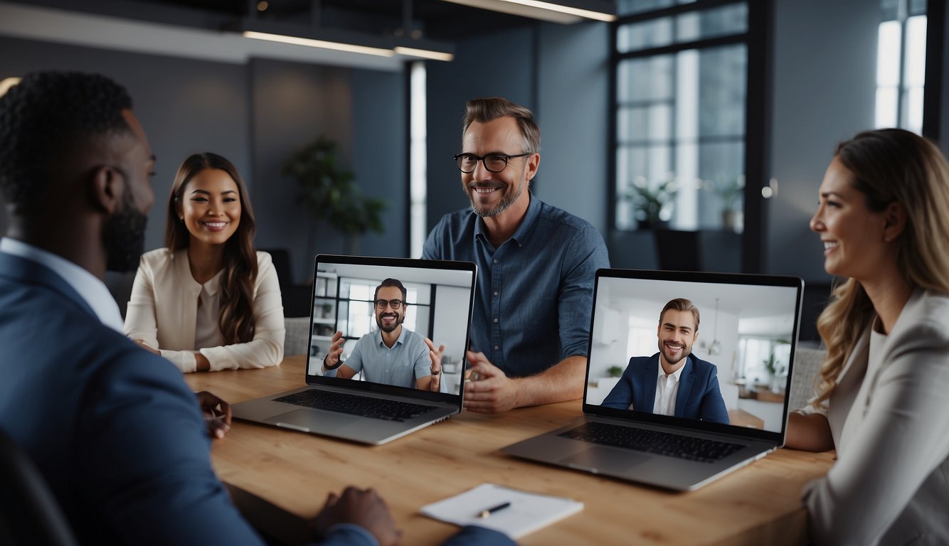 Virtual team members giving and receiving feedback via video call, showing engagement and understanding. Screens displaying positive body language and active listening
