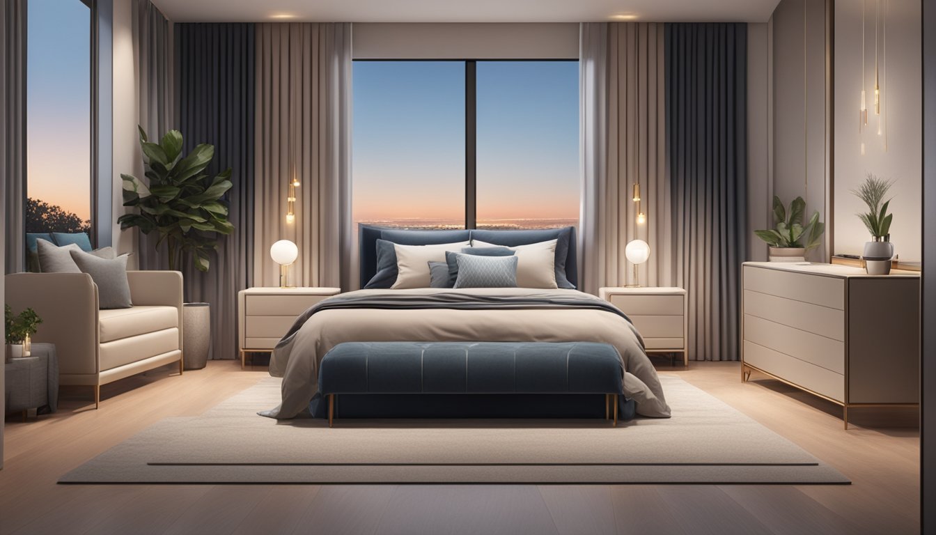 A spacious bedroom with a king single bed in the center, adorned with luxurious bedding and surrounded by elegant nightstands and soft lighting