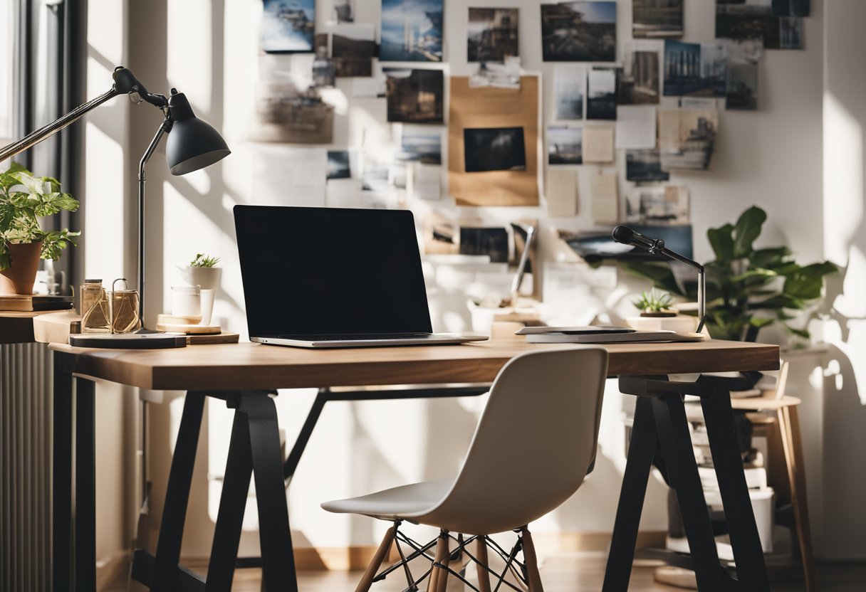 A sunlit room with a desk, chair, and laptop. A vision board on the wall, filled with inspiring images and words. A sense of focus and determination in the air