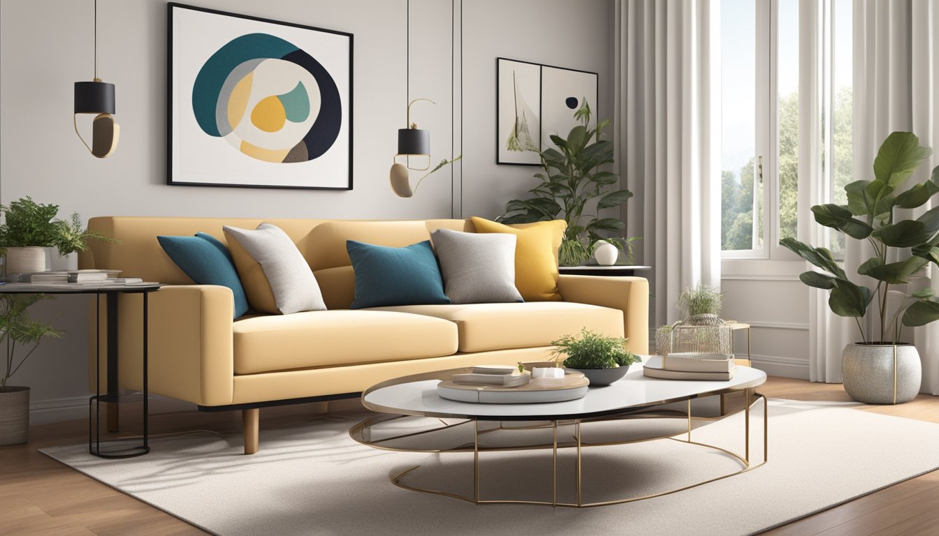 A cozy 2 seater sofa sits in a bright, airy living room. It is upholstered in a soft, neutral fabric and adorned with plump cushions. The room is tastefully decorated with modern accents, creating a welcoming and stylish atmosphere